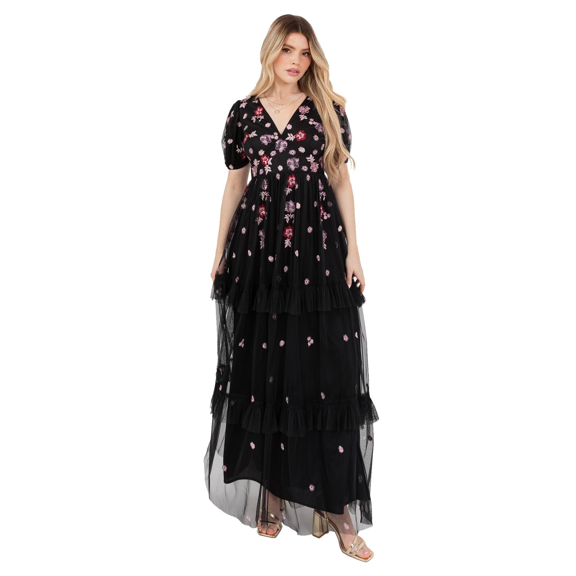 Maya Deluxe Damen Women's Maxi Ladies V-Neck Short Puff Sleeve Floral Embroidered Tiered Ruffle Tulle A-line Keyhole Dress