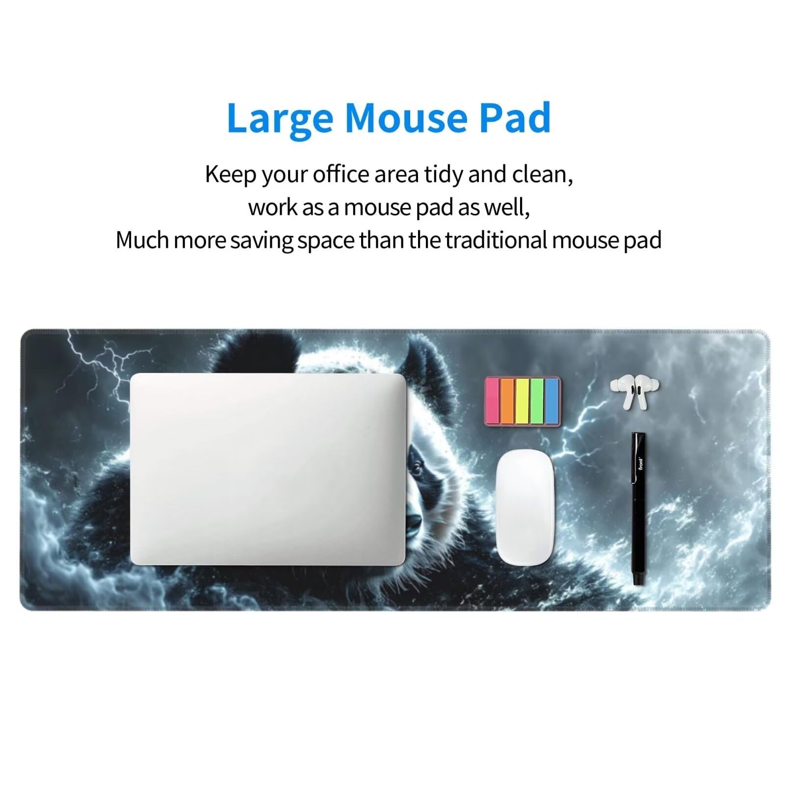 Tappetino Mouse, Tappetino Mouse Gaming Grande XXL 1500x800x3mm Tappetino Scrivania Mouse Pad, Base in Gomma Antiscivolo, Bordi Cuciti,Lavabile, Mousepad per Ufficio e Gaming (Panda Fulmine) R-596