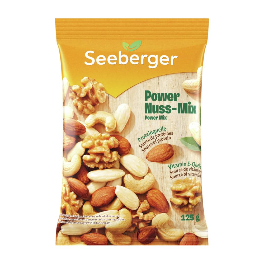 Seeberger Power-Nuss-Mix - vereint knackige Walnusskerne, blanchierte Mandeln, Cashewkerne und naturbelassene Mandeln.