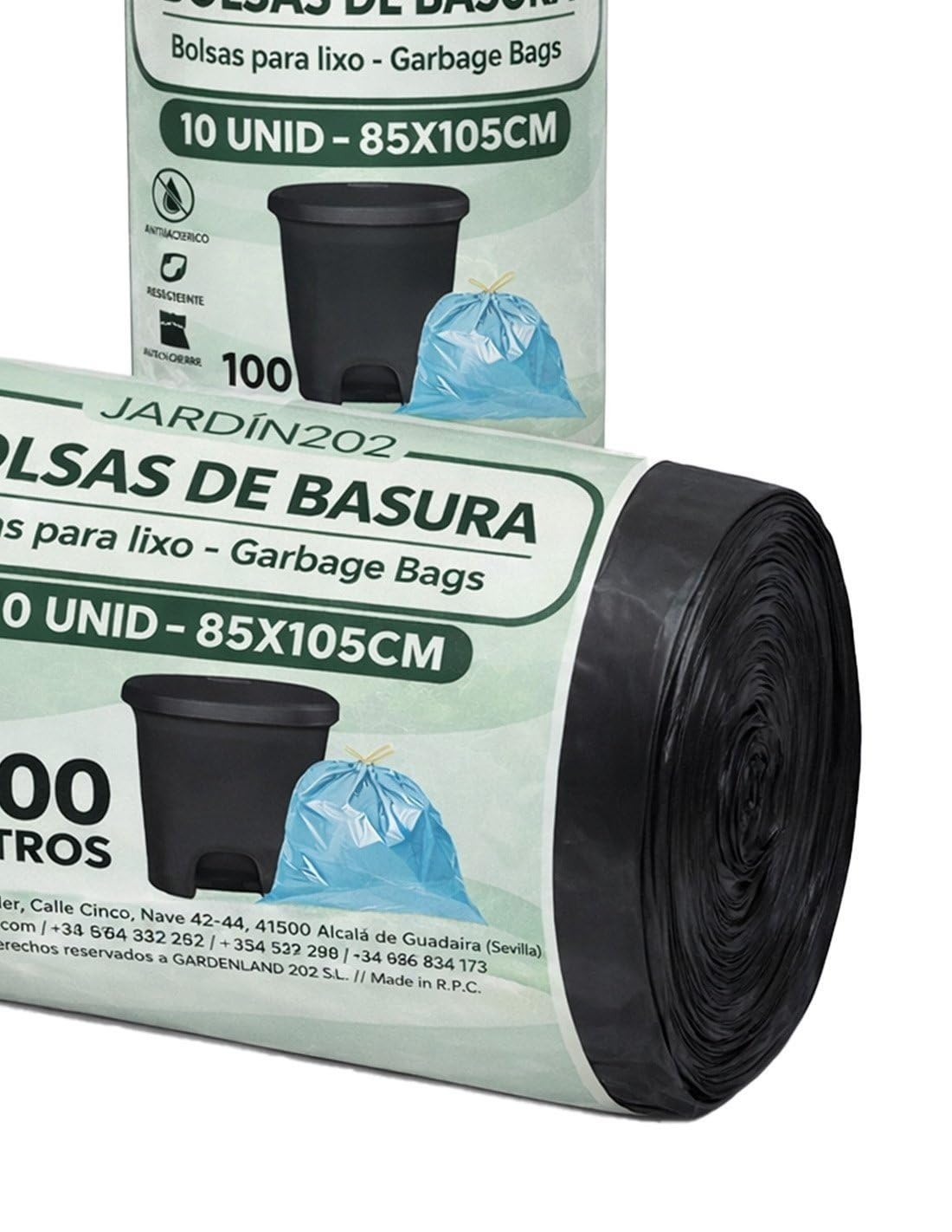 JARDIN202 - Bolsas de Basura 100 Litros Negras 85x105 cm Rollo 10 Unidades Material 100% Reciclado | Uso Comunidad y Profesional | Pack 20 uds