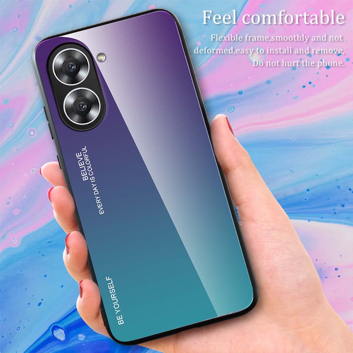 DEDUX Custodia Cover Per Realme 10 4G: Vetro Temperato Sfumato Con Paraurti In TPU, Protezione Antiurto E Antigraffio, Supporto Ricarica Wireless (Blu/Rossa)