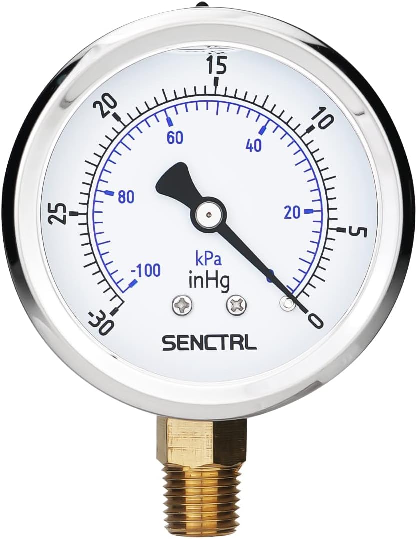 SENCTRL 30inHg Vacuum Silicone Oil Liquid Filled Low Pressure Gauge 2.5" Dial Size 1/4" NPT Bottom Mount Stainless Steel Case for Air Conditioning Manifold HVAC Air Pump Vacuum Test