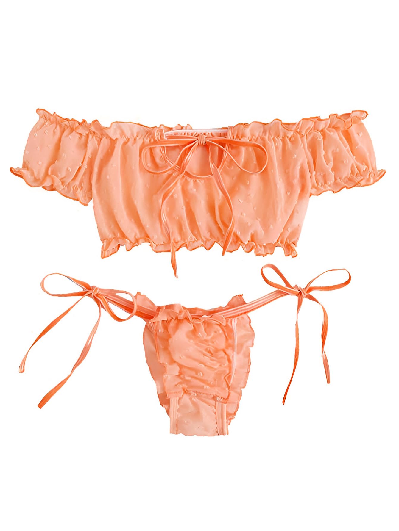Lilosy Sexy Stretch Ruffle Tie Sheer Mesh Lingerie Set Outfits: Medium Chiffon Orange
