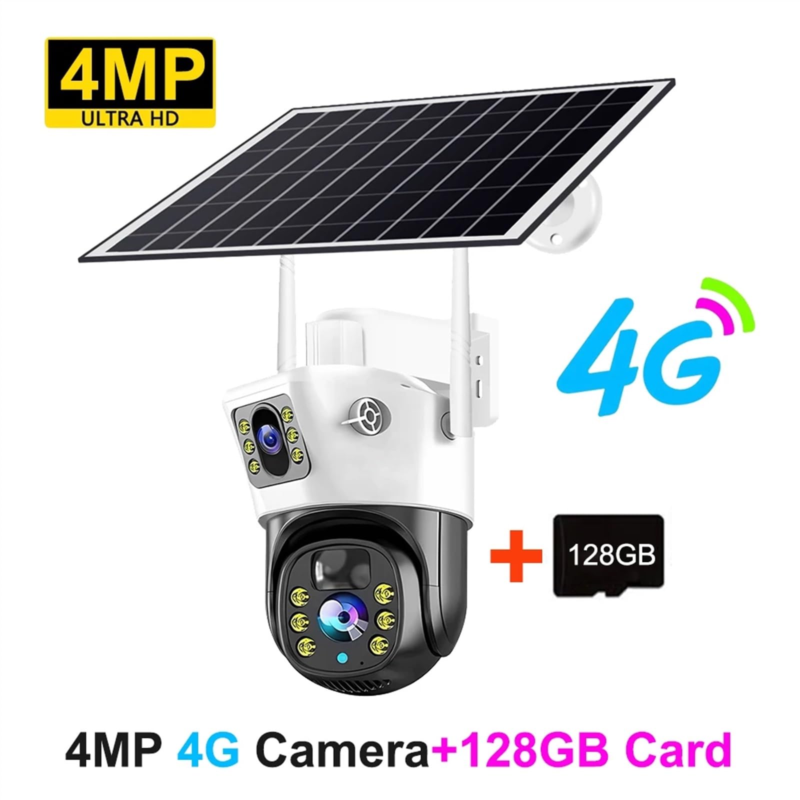 Caméra de sécurité, Caméra Solaire 4G Sim 8MP 4K, vidéo d'extérieur à Faible Puissance, Vision Nocturne, Audio bidirectionnel, PIR CCTV IP, avec Panneau(4MP Add 128GB Card)