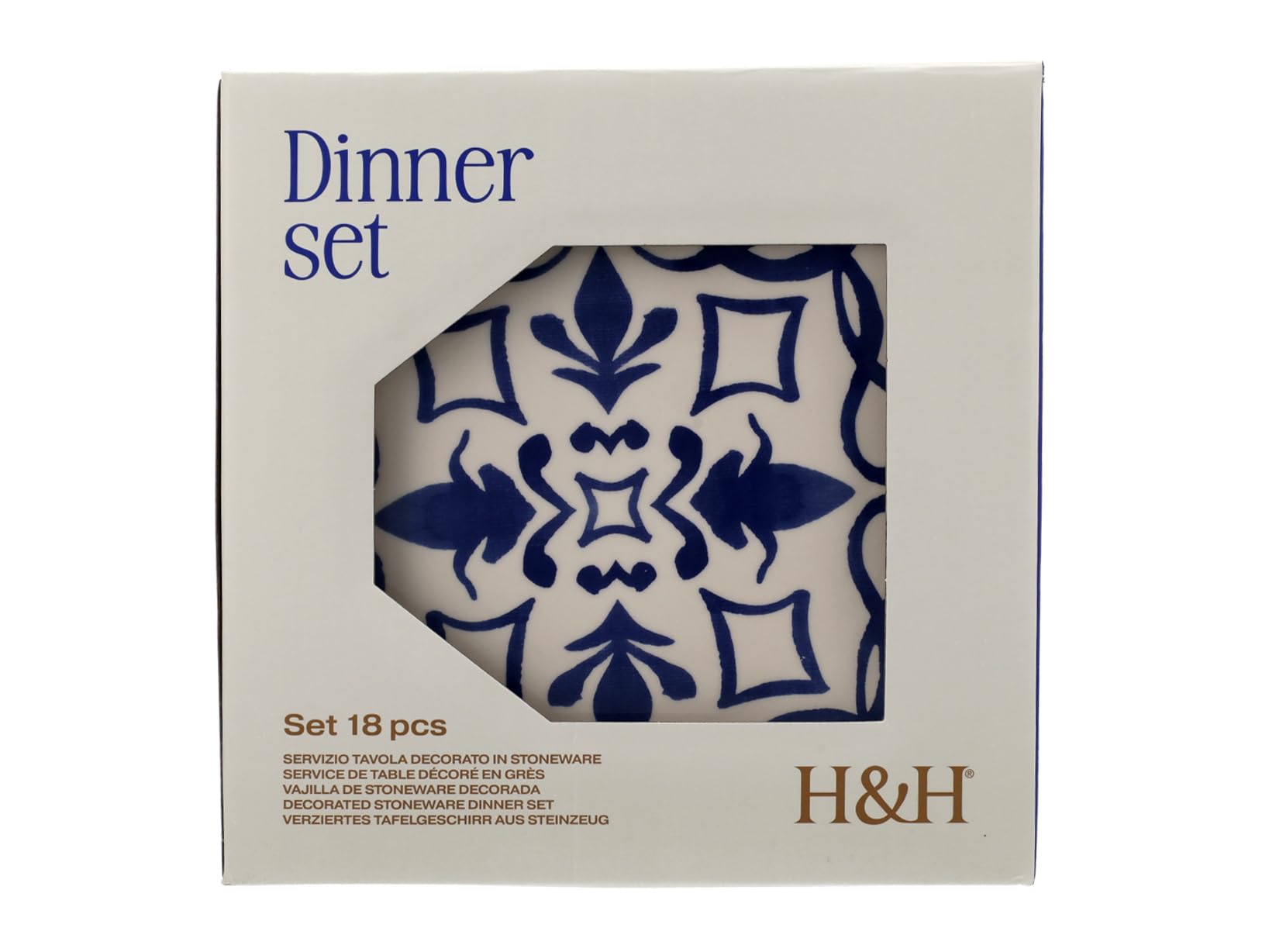 H&H Beatriz Servizio Tavola 18 Pezzi in Stoneware Decorato, Set Piatti Completo per 6 Persone, Design Blu con Motivi Floreali e Geometrici Ispirato alle Maioliche Mediterranee
