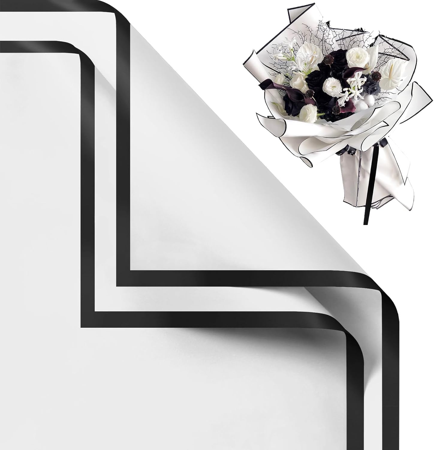 Just Flowers Waterproof Floral Wrapping Paper, Gift Wrapping Paper Roll Sheet, Florist Bouquet Supplies (Pack of 15 Wrapping Paper with Black Edge, White)