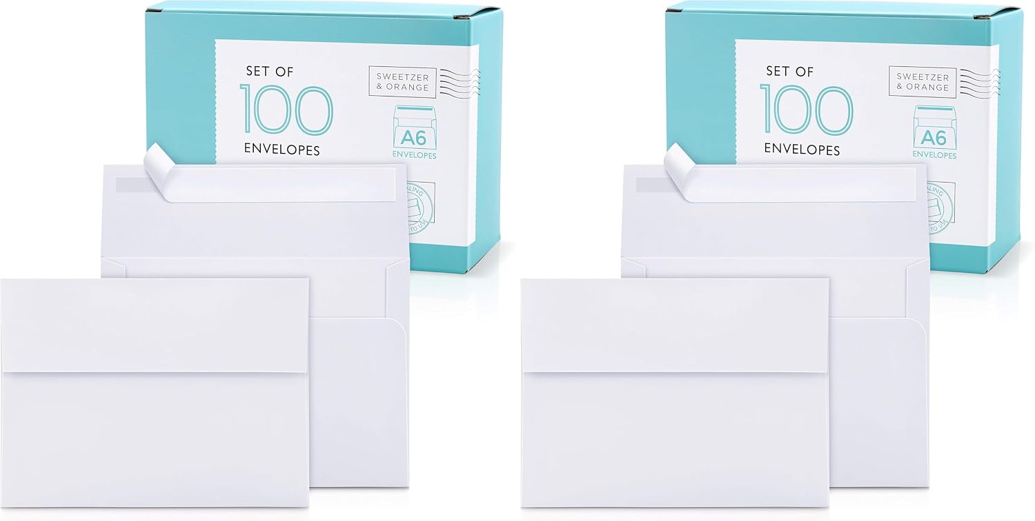 Sweetzer & Orange A6 Envelopes for 4x6 Cards (100 with Box). White Self Seal Luxury 150gsm Envelopes for Greeting Cards, Invitations, Postcards and Weddings (Pack of 2)