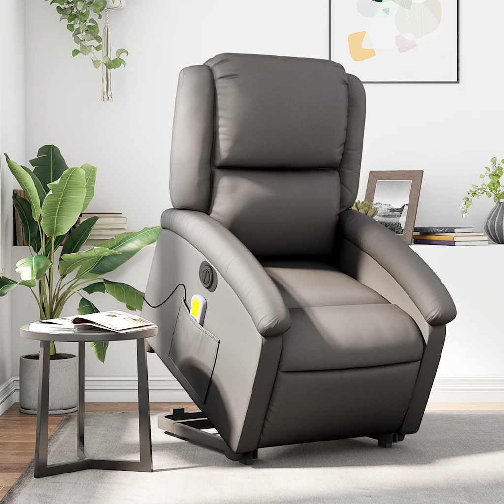 Sillón elevador eléctrico con masaje reclinable gris de piel, 6 puntos de vibración, elevación e inclinación automática, cómodo asiento acolchado, marco estable