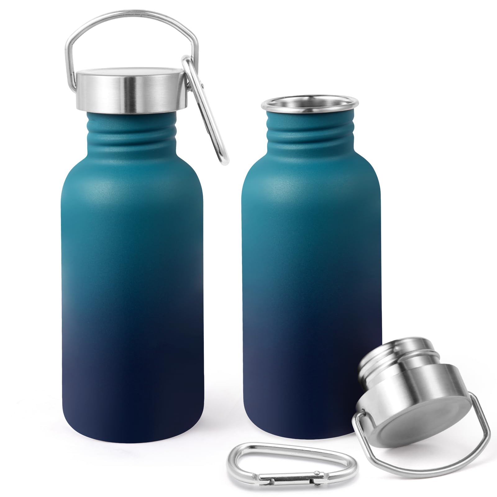 Volhoply 500ml Uninsulated Single Walled Water Bottles 2 Pack, Stainless Steel Sports Water Bottle with Handle & Carabiner, BPA Free Reusable Water Flask for Camping Hiking Biking (Dark Night,2)
