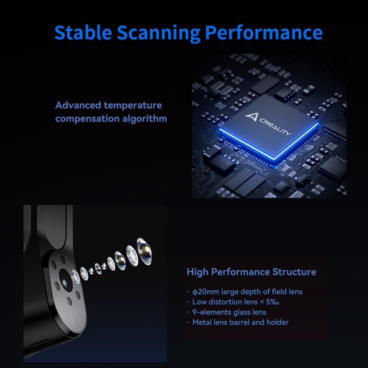 Creality Scanner 3D Raptor avec précision de qualité métrologique de 0,02 mm, 7 laser bleu, suivi anti-secousses, vitesse de numérisation jusqu'à 60 fps