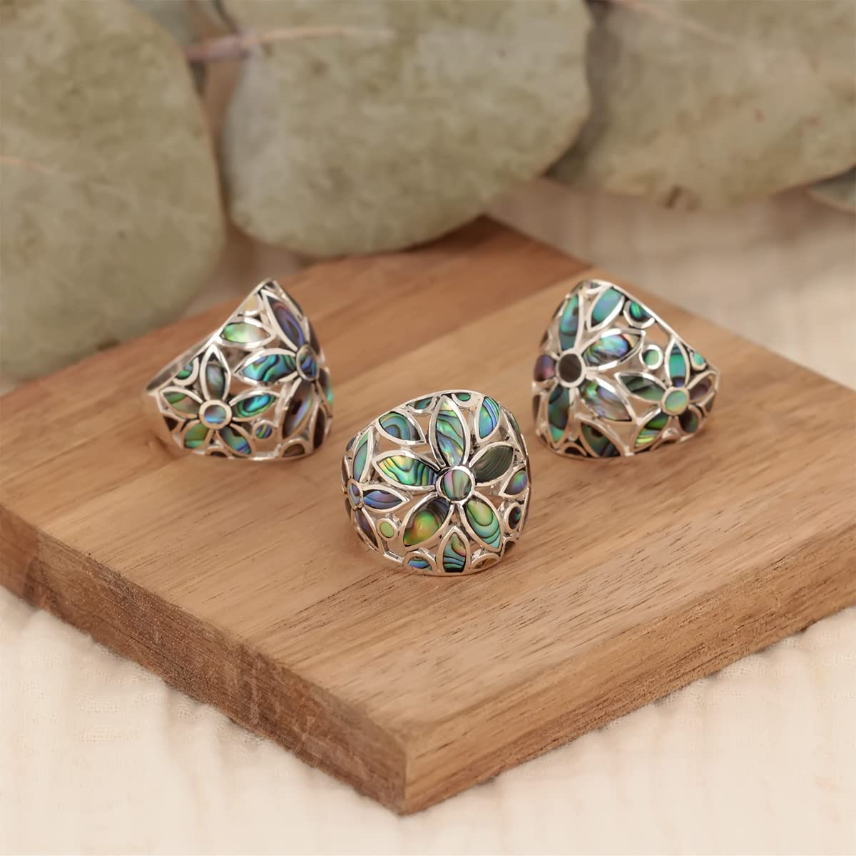 Aden - Bague-Nacre Abalone-Motif Fleurs-Argent 925-Femme