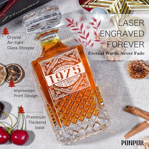Image of PONPUR 50th Birthday Gifts For Men Dad, 1976 Laser Whiskey Decanter Set with Gift Box, Anniversary Birthday Gift Ideas for Him Husband, 50 Years Bday Decorations, Whiskey Glasses & Whisky Stones Inc.