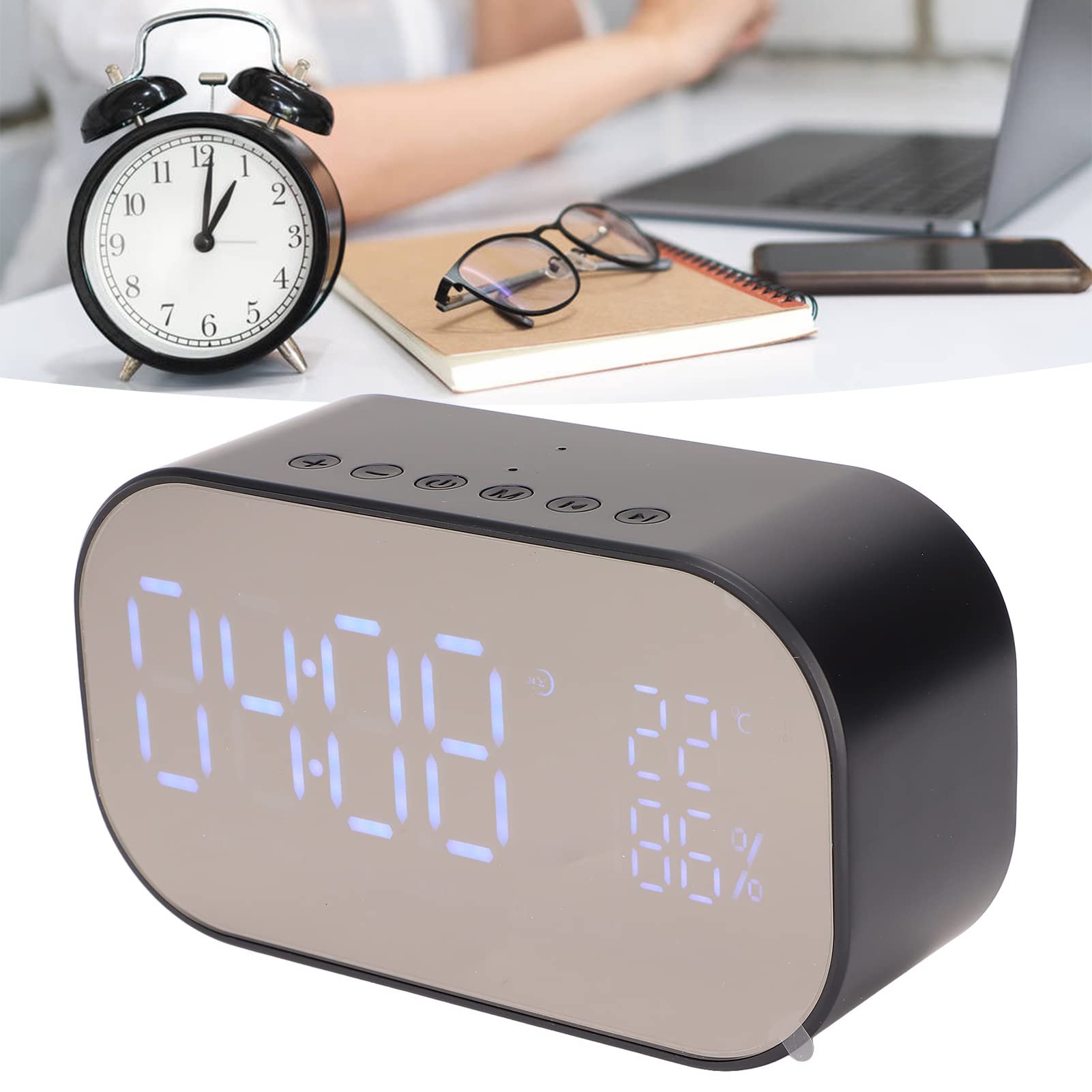 Despertador Altavoz Bluetooth Altavoz Inteligente con Reloj con 3 Niveles de Brillo Ajustables, Micrófono HD Integrado para Dormitorio Camping (Negro)