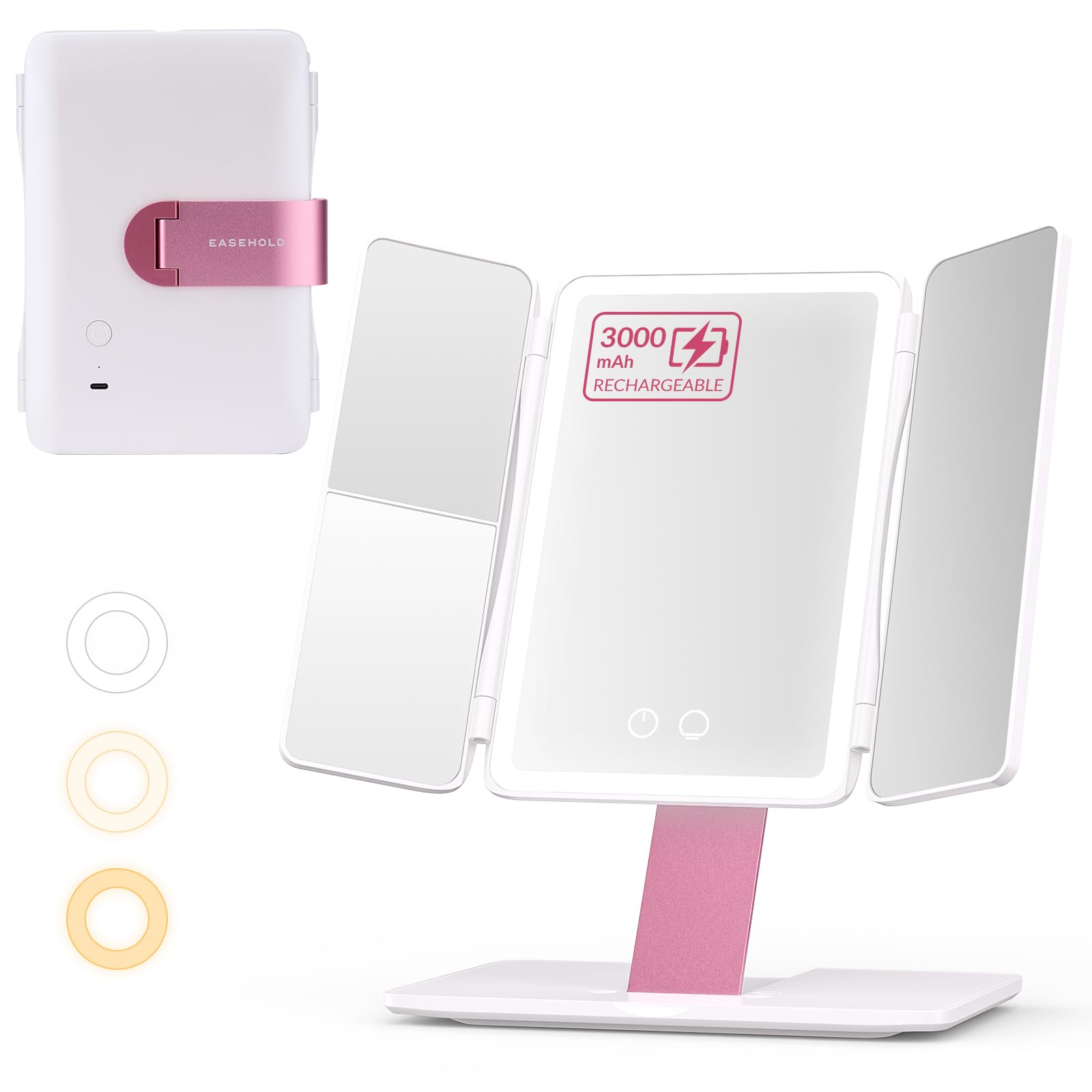 easehold Foldable Tri-Fold Lighted Makeup Mirror