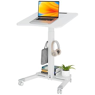 BONTEC Rolling Standing Desk, Tilting Desktop, Foot Pedal Height Adjustable, Small Mobile Portable Laptop Computer Workstation for Teacher Home Office with Storage Shelf, 2 Hooks, Wheels, White - Amazon product rated Grade A