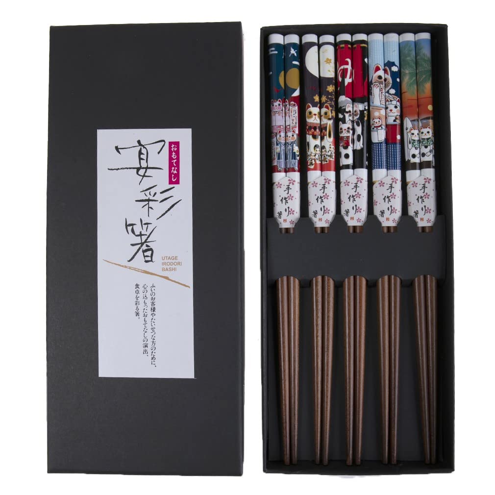 lachineuse Maneki Neko Japanese Chopsticks Set - 5 Pairs of Japanese Lucky Cat - Wood Colour - Chopsticks - Sushi, Ramen, Noodles & Rice - Asian Chinese Kitchen Gift