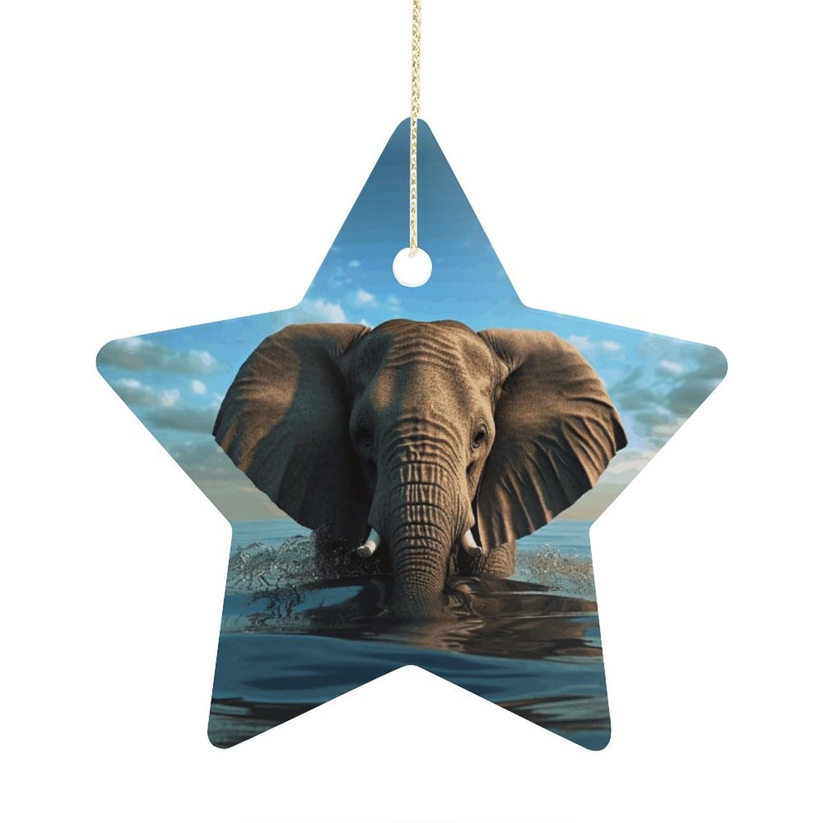 Elephant is Sitting in The Water Stars Ornaments Ceramic Christmas Tree Hanging Light in Weight Christmas Star Pendants Funny Double-Sided Printed Xmas Ornaments for Gifts