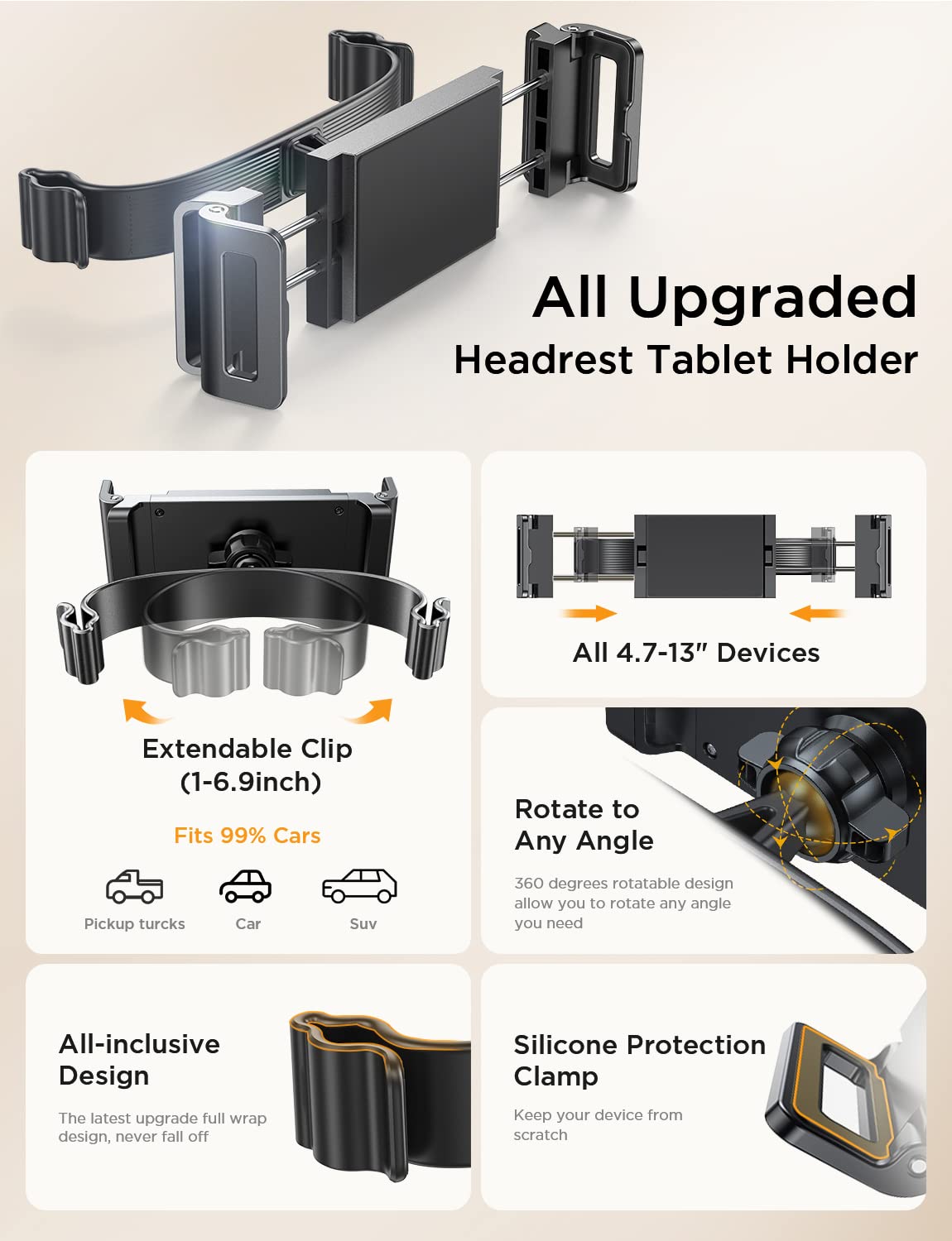 LISEN Tablet iPad Car Holder Back Seat, Headrest Tablet Holder for Car Backseat, iPad Car Mount for Kids Compatible with iPad Pro Air Mini Fire HD 10 8 All 4.7-13" Devices