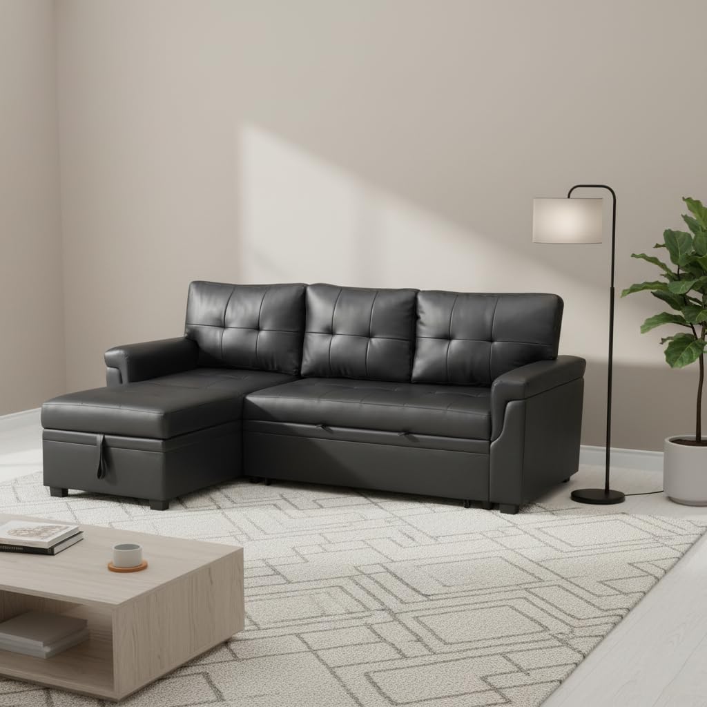 Multifunctional Sectional Sofa with Pull-Out Sleeper Bed & Hidden Storage – Reversible Chaise Black,Air Leather – Space-Saving, Durable, Stylish & Easy DIY Assembly for Apartments & Small Homes