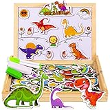 COOLJOY 118 Piezas Puzzles de Madera Magnético, Pizarra Magnética Rompecabezas para Niños 3 4 5 Año ect, Pizarra Magnética Rompecabezas, Tablero de Dibujo de Doble Cara Juguete Educativo（Dinosaurios）