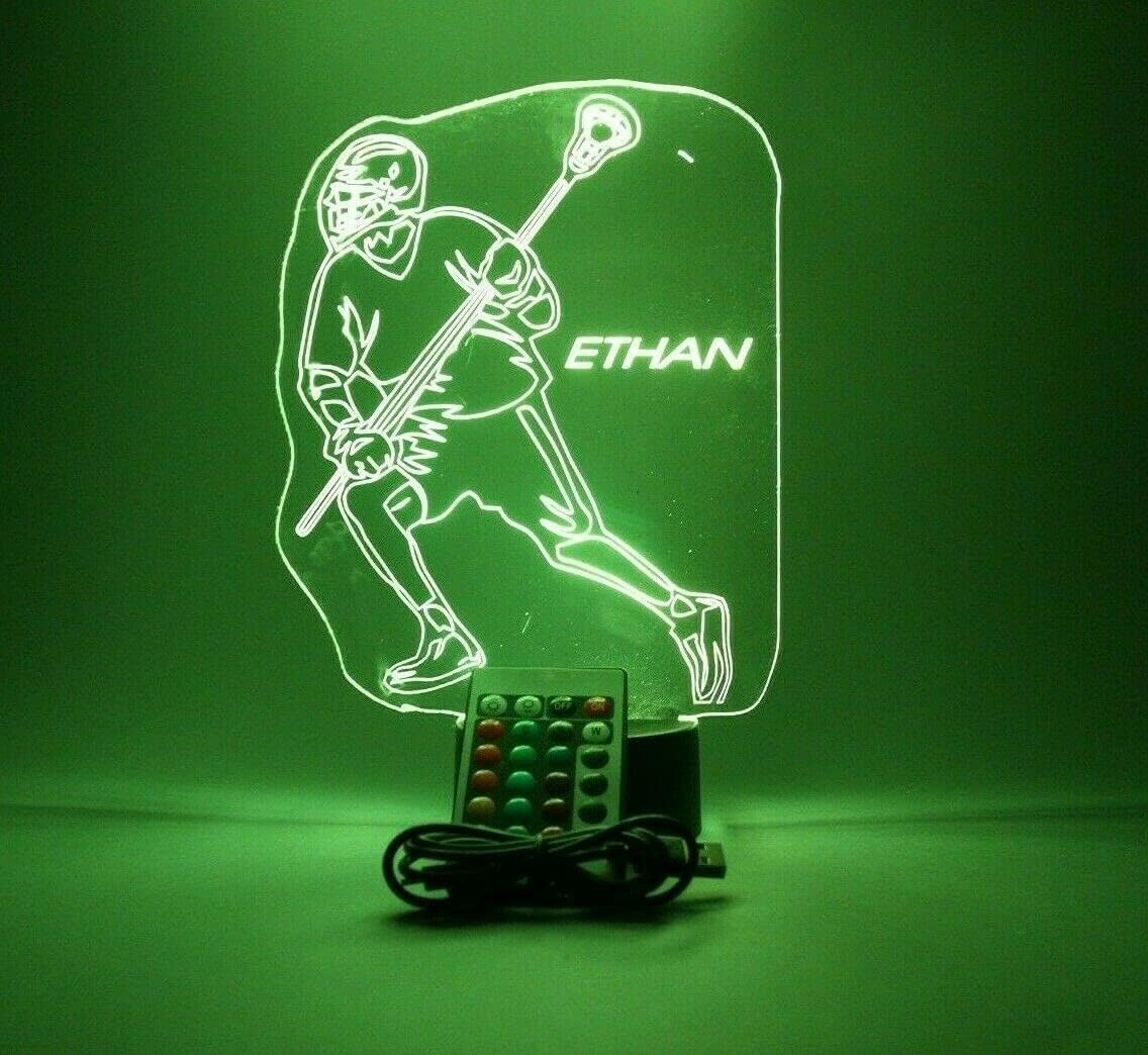 Lacrosse Player Night Light Up Table Lamp Sports LED Engraved Custom Name Personalized Energy Efficient Home Decor Ideal for Any Room or Hallway With Remote, 16 Color Options, It's WOW, Great Gift