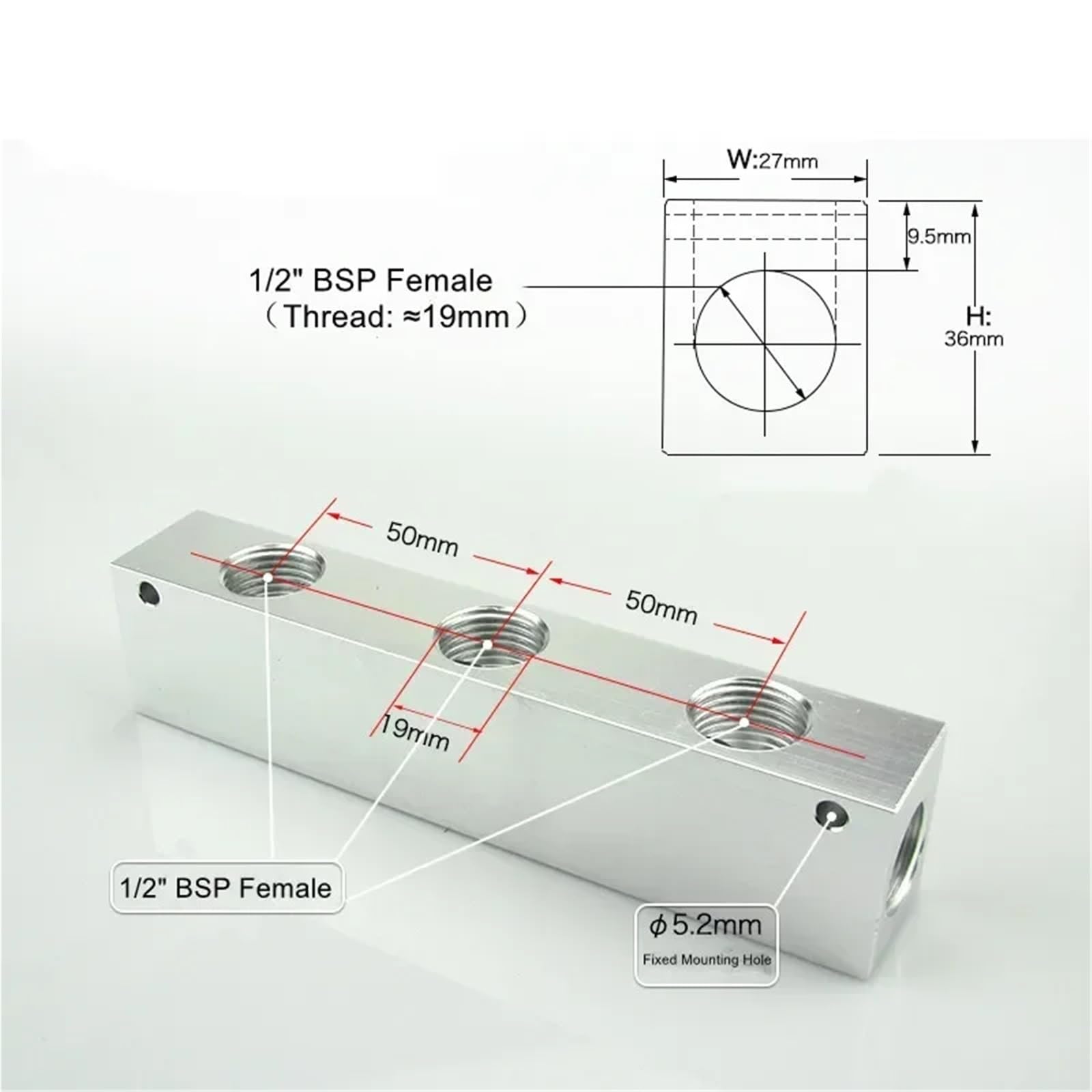 Bloque de distribución de Aire con colector neumático de Aluminio Macizo, con válvulas de Bola de latón, 1/2" BSPT Hembra, 27 x 36 mm, 2-10 vías, 4-12 Puertos.(1 in 2 out)