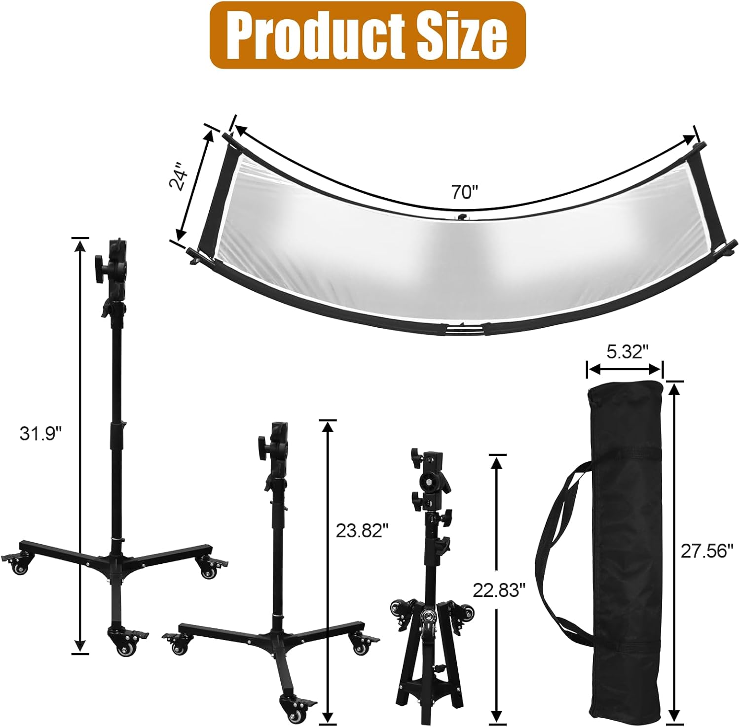 Clamshell Light Reflector Diffuser with Rolling Stand and Carrying Bag, 70"x24" Photography Curved Lighting Reflector for Photo Studio Photography with White/Gold/Silver/Black Colors by MCCKLE