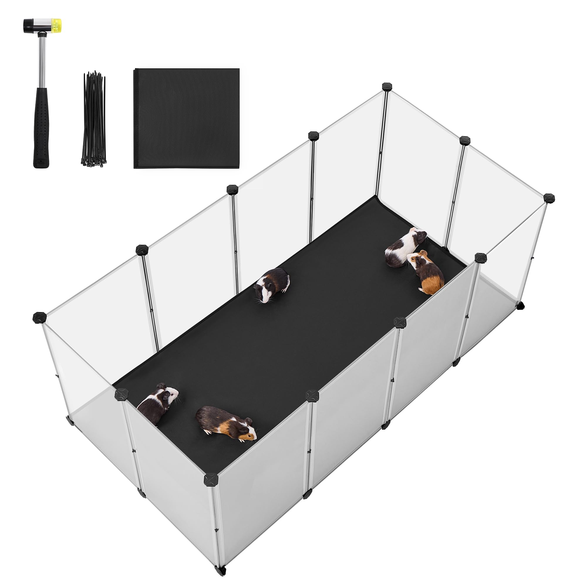 SONGMICS Pet Playpen with Floor, Removable Oxford Fabric Mat, Small Animal Enclosure, DIY Plastic Cage, Indoor Run for Hamsters, Rabbits, Hedgehogs, Guinea Pigs, 145 x 73 x 57 cm, White LPC013W01