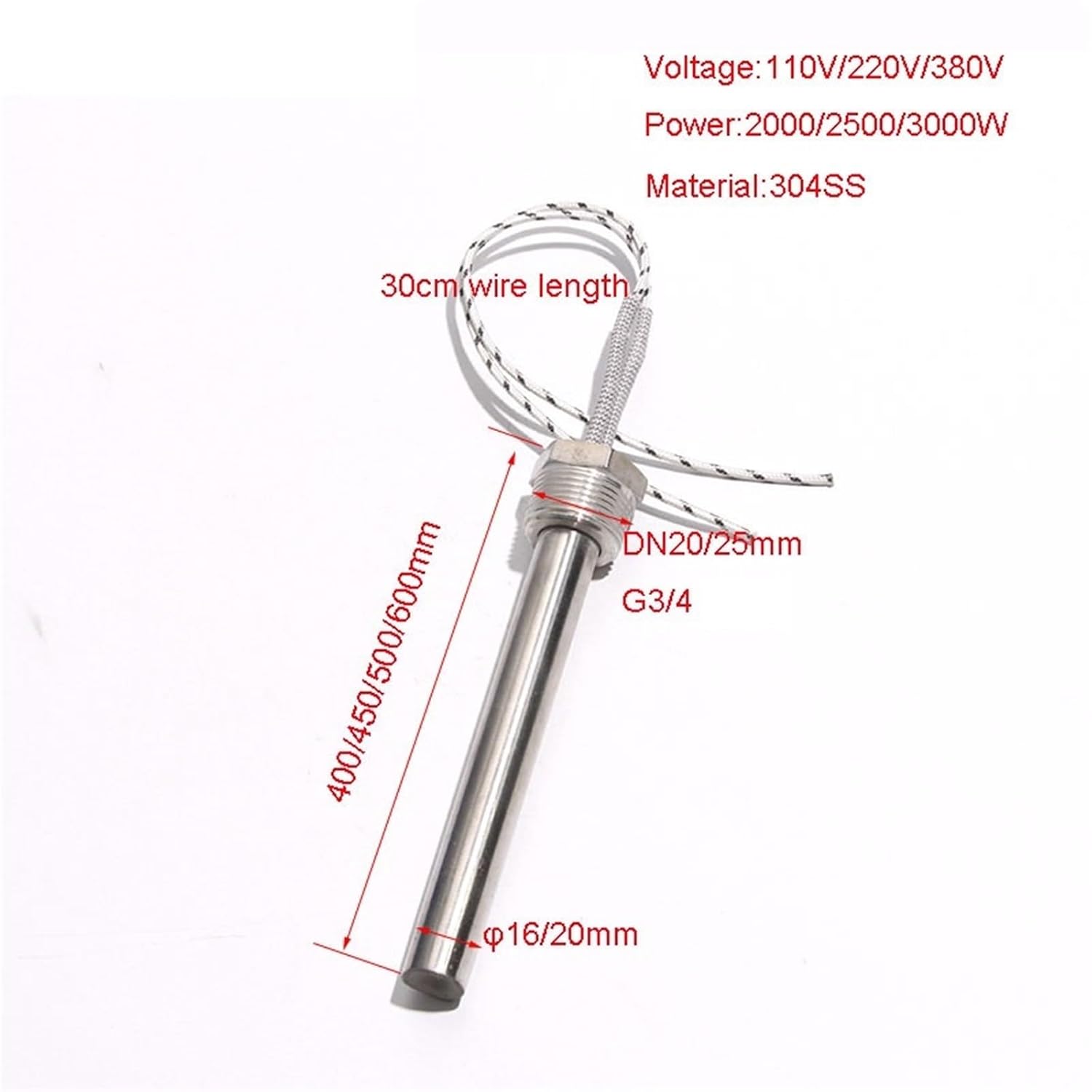 DN20 25mm Thread High Power Cartridge Heater 20x400-600mm 304SS Water Heating Rod 110V/220V/380V 2KW/3KW 1Pcs(DN20 16mm Tube,110V_450MML 2500W)