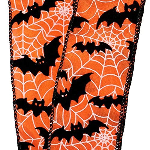 Image of Bats & Webs Halloween Wired Ribbon - 2 1 /2 inch x 10 Yards, Orange & Black, Bows, Wreath, Party Decor, Trick or Treat, Haunted House, Fundraiser, Classroom, Daycare