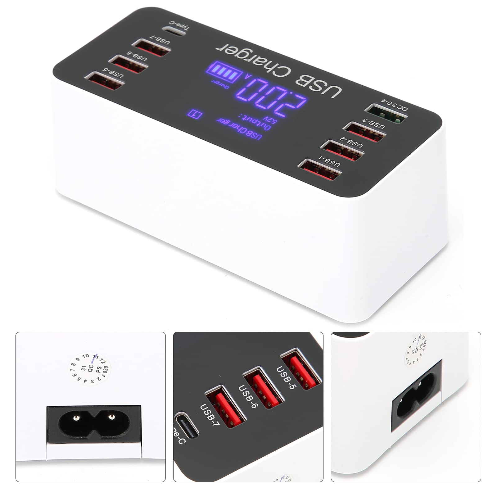 Annadue Cargador USB Hub de Puertos Múltiples, Estación de Carga de Escritorio de 8 Puertos y 40 W, con Pantalla LED, Puerto USB C, Carga Rápida QC 3.0, para Teléfono, Tableta,