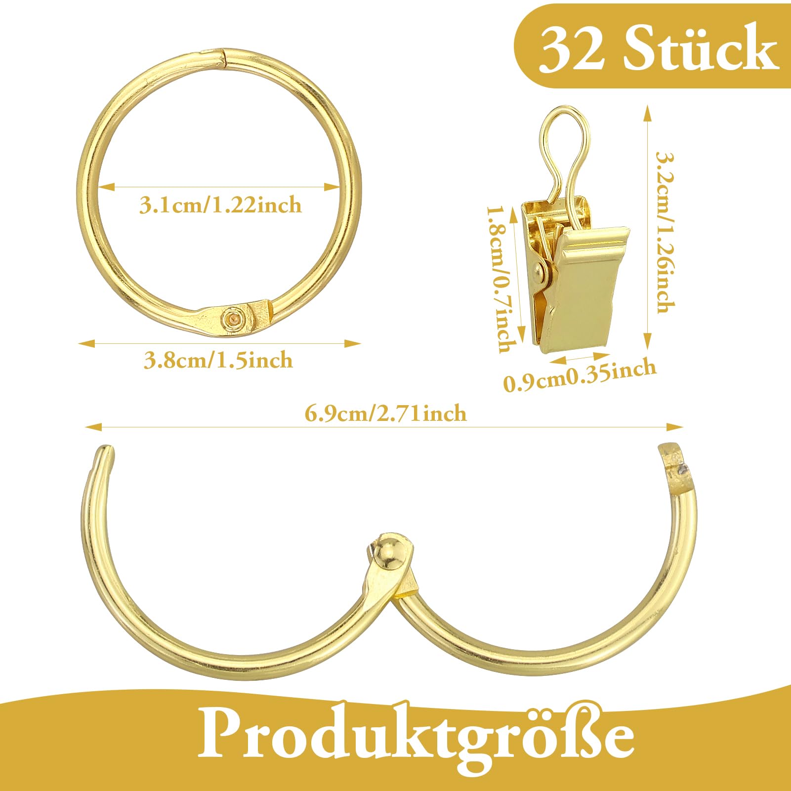 50x Gardinenringe Metall - Vorhangclips 32mm Golden
