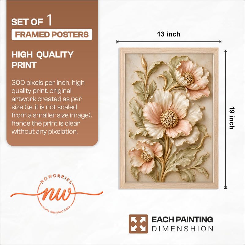 Image of NoWorries Floral Botanical Wall Painting with Frame | Premium Textured Flower & Leaf Artwork, Pastel Nature Wall Decor Framed for Living Room Bedroom Office and Home Decoration (Art-7,13x19inch)