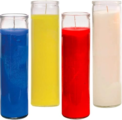 Velas de oración, velas de cera roja, amarilla, azul y blanca (paquete de 4) ideal para santuario, vigilias, juego de velas de frascos de vidrio sin