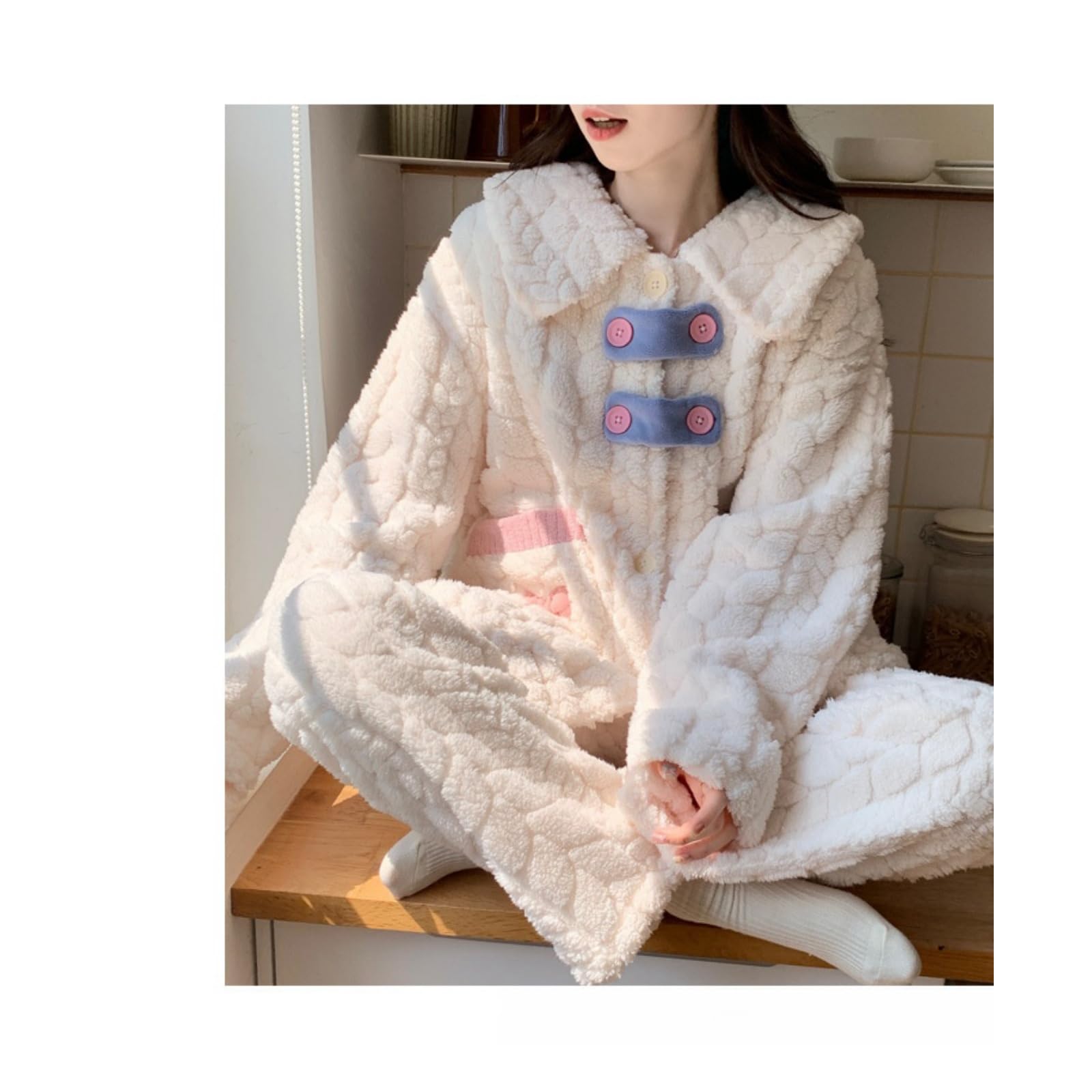 Pyjama Winterhose Süßes Mädchen Hauskleidung Anzug Langarm Großer Revers Jacquard Cardigan Pyjama Weiblich-beige C-m