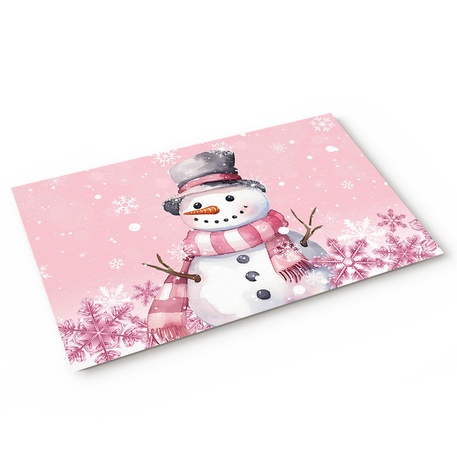 Wotrend Snowman Indoor Doormat Front Door Mat, Pink Christmas Snowman Snowflake Xmas Welcome Mat Entrance Door Mat Non-Slip Floor Mat, Soft and Low
