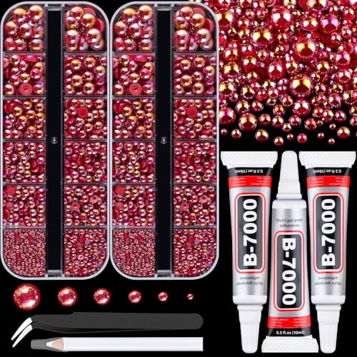 Image of Flatback Pearls for Crafting with 3Pcs 10ml B7000 Jewelry Glue, 2 Boxes of Half Round Red AB Pearls, Bedazzling Beads for DIY Crafts Clothing Tumblers Shoes Embellishment Nail Art