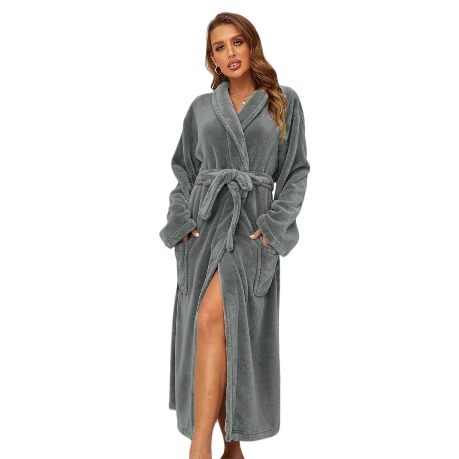 Rongtai Women's Gray Bathrobe Fleece Plush Warm Long Robes (Small,)