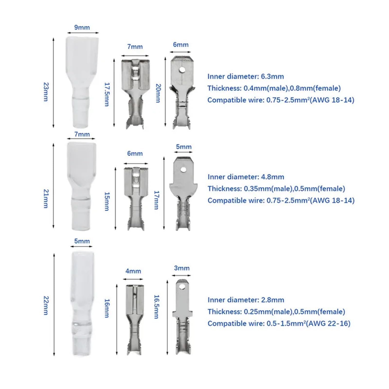 Kit surtido de 540 terminales de crimpado aislados de 2,8/4,8/6,3 mm for conectores de cables eléctricos sellados.