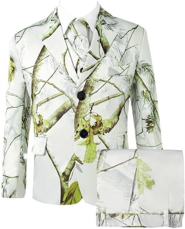 Boys Gray White Camo Suit Set 2 Button Blazer Pants Vest Tie with Flap Pockets Formal Weddings Outfit