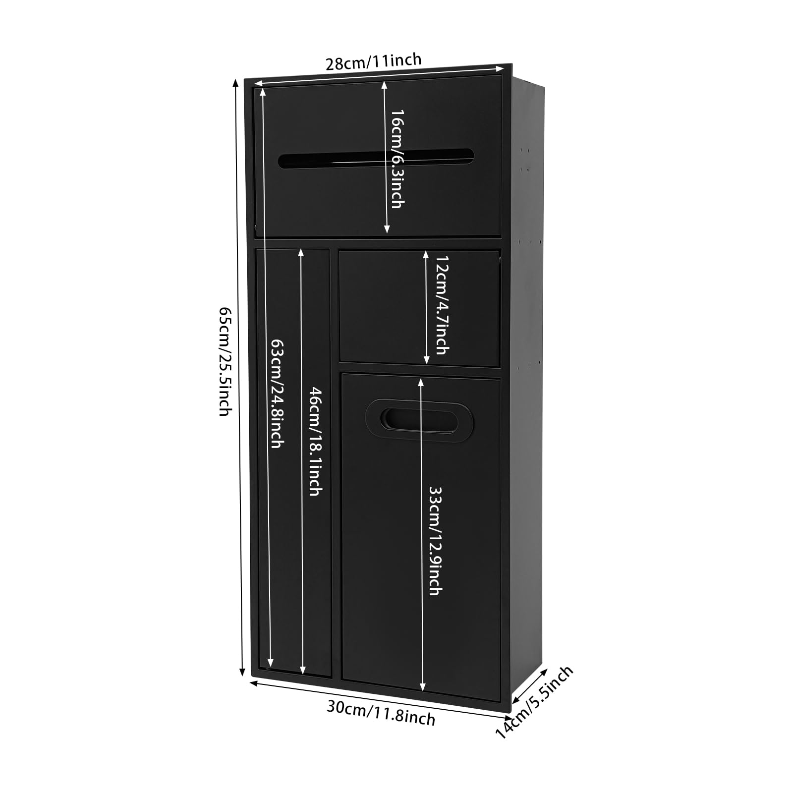 Toilettenpapierhalter Unterputz 3-in-1, Edelstahl Einbau-Mülleimer, Eingebaute Nische mit Toilettenpapier- und Bürstenhalterung, Badezimmer-Schrankmodul, 30x14x65 cm (Schwarz)