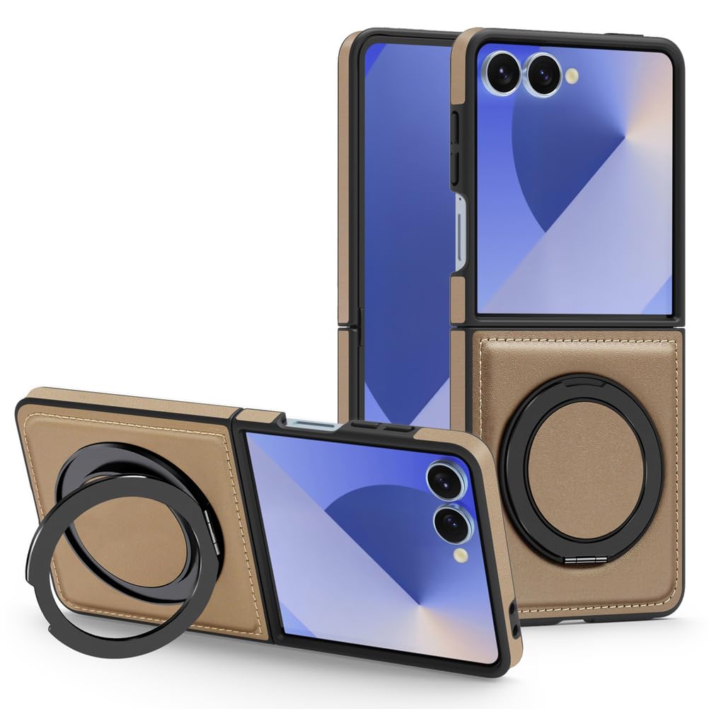 Magnética Carcasa para Samsung Galaxy Z Flip 7, Soporte de Anillo Piel Caso Ultrafina Admite Carga Inalámbrica Funda de Móvil Anti-caída,Latón,Fold 7