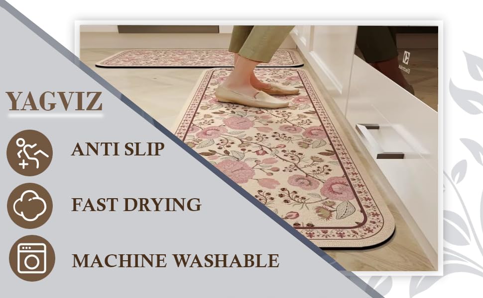 Image of YAGVIZ 2 Pcs Kitchen Mats Set - Waterproof Memory Foam Anti-Fatigue Mat Non-Slip Rug, Comfort Runner Rug Floor Mat Carpets for Kitchen Home Office, Sink & Laundry, Hallway Floral Design mat