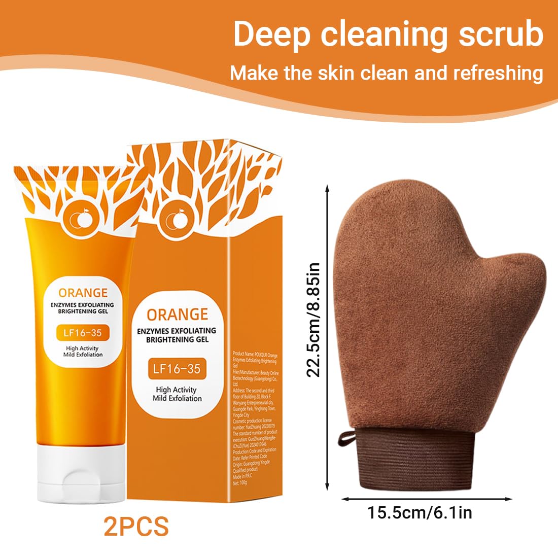 GXGM 2 Pezzi Orange Exfoliating Gel lf16-35,Gentle Exfoliating Orange Detergente Viso,Rimuove le Cellule Morte Della Pelle, Migliora la Consistenza Della Pelle,Con Guanti Floccati Marroni