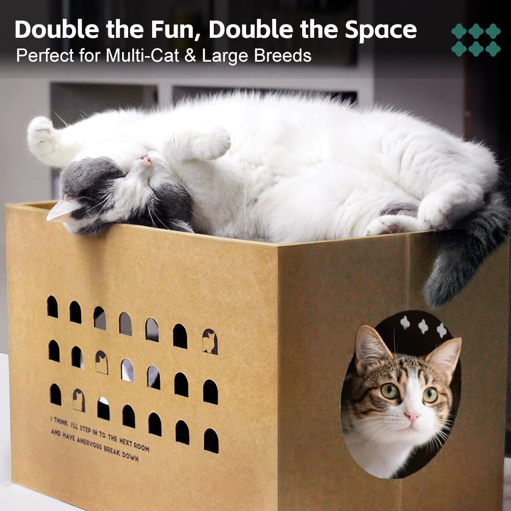 Large Cardboard Cat House for Multi-Cat Household (43x30x30cm), 2-in-1 Cat Scratcher Box with 2 Scratching Pads - Image 3