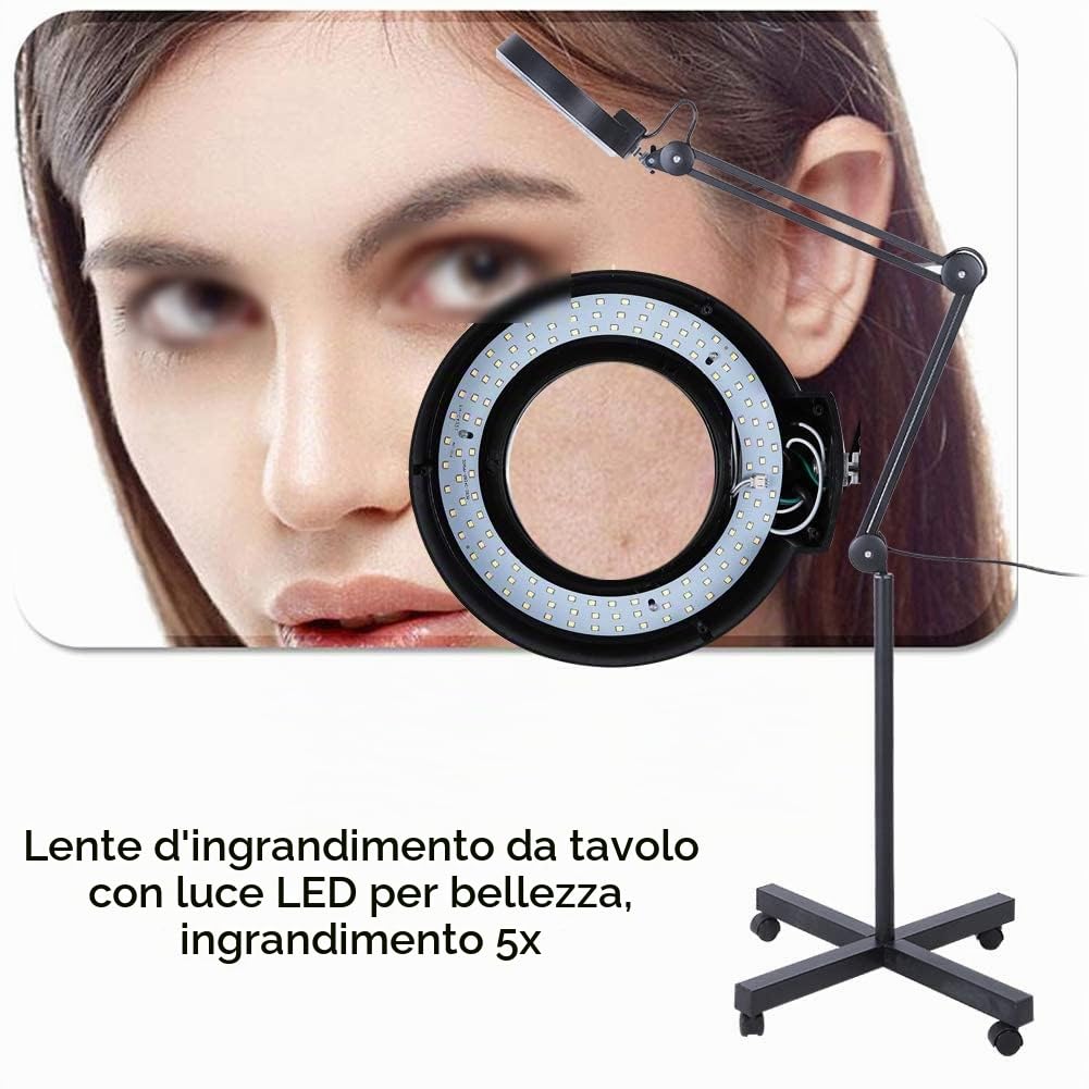 Lente 5 DIOTTRIE d'Ingrandimento, 5X Lente d' ingrandimento con LED e Rotelle, Luce per Estetista, Laboratorio e Lavori di Precisione, 220-240V, Nero