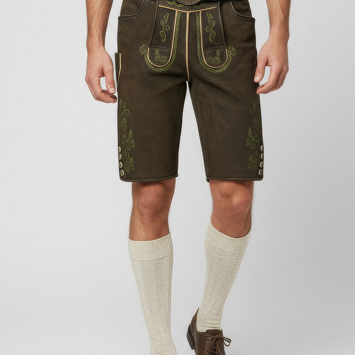 Krüger Lederhose Milian Herren | kurz mit Gürtel Hose aus Ziegenvelours-Leder | Dunkelbraun grün