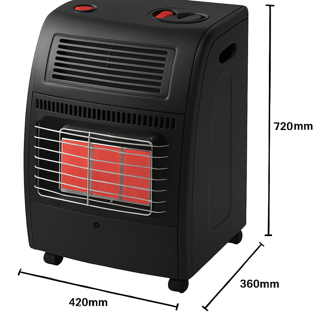 Stufa Catalitica a Gas GPL 4200 W Con Infrarossi Ventilata Turbo 1500 W Per Ambienti Fino A 80 m² 3 Livelli di Potenza Sicura con ODS & FFD Antiribaltamento Con Ruote 72 x 36 x 42 Cm Nero Opaco