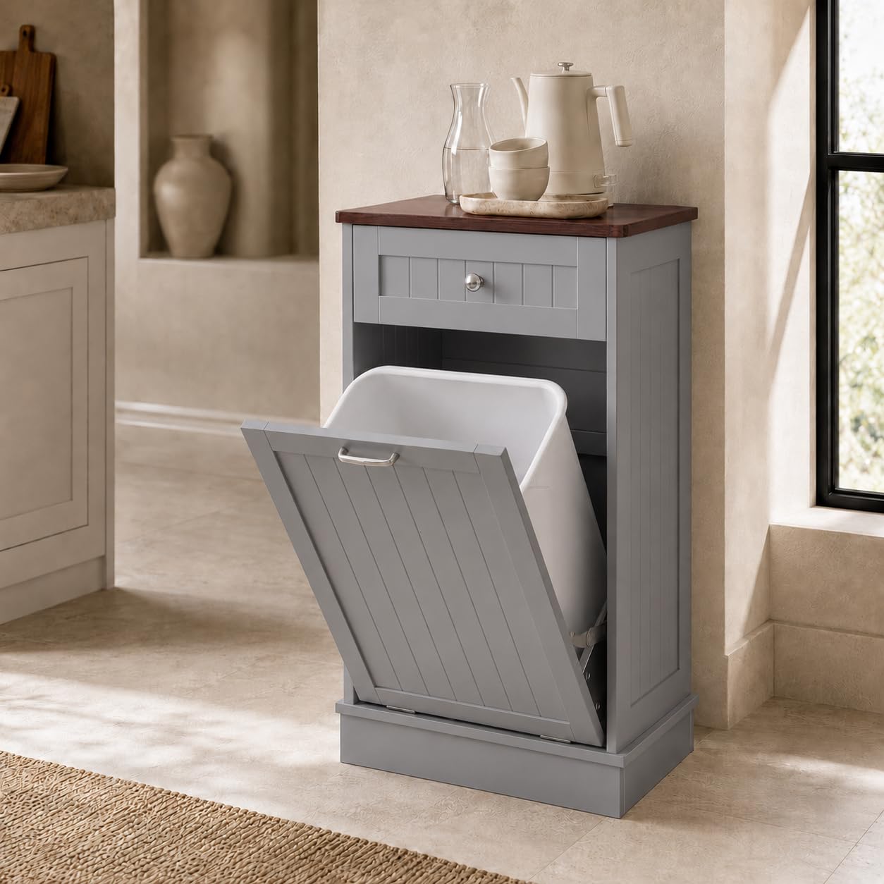 KIGOTY Tilt Out Trash Can Cabinet Wooden Kitchen Single Pull Out Trash Can Under Cabinet,Grey-image-38