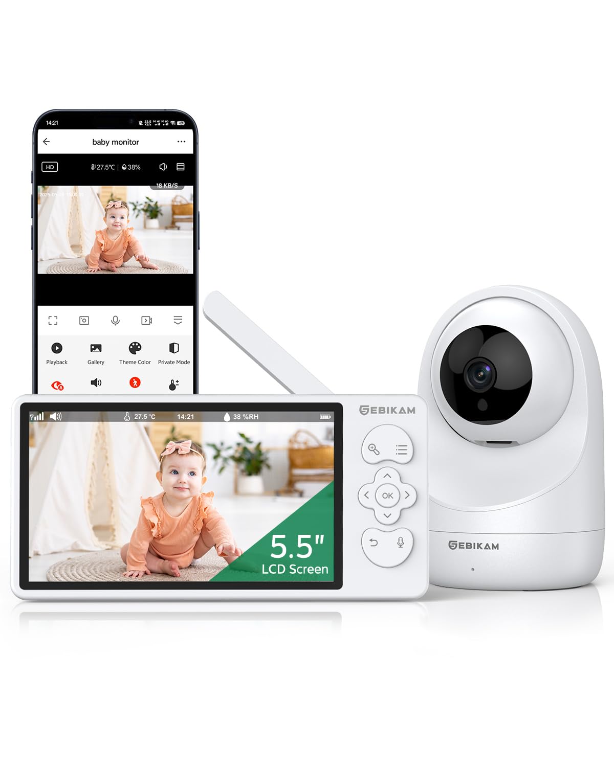 Babyphone Vidéo 5,5 Pouces 2K 3MP HD, FHSS & WiFi avec App | Batterie 4000mAh, Vision Nocturne, Audio Bidirectionnel, Mode VOX, Rotation 355°, Surveillance Température, Berceuses